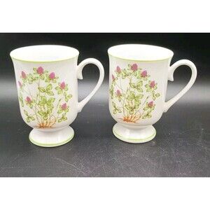 2 Royal Domino Pedestal Footed Mugs Clover Floral Spring Garden Japan Botanical